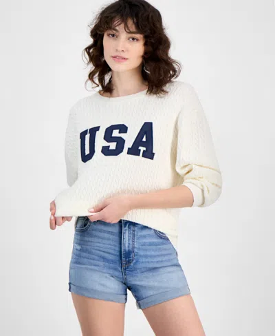 Hippie Rose Juniors' Cable-knit Usa-graphic Sweater In White