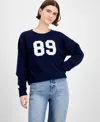 Hippie Rose Juniors' Cable-knit Varsity Sweater In Blue