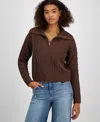 Hippie Rose Juniors' "soft & Cozy" Chenille Cable-knit Zip-up Sweater In Retro Cocoa