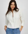 Hippie Rose Juniors' "soft & Cozy" Chenille Cable-knit Zip-up Sweater In Winter White