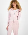 Hippie Rose Juniors' Chenille Zip-up Sweater Hoodie In Pink