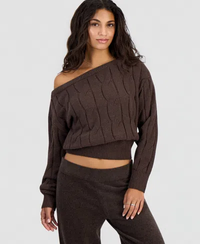 Hippie Rose Juniors' Cable-knit Off-the-shoulder Slouchy Sweater In Brown