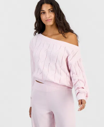 Hippie Rose Juniors' Cable-knit Off-the-shoulder Slouchy Sweater In Pink