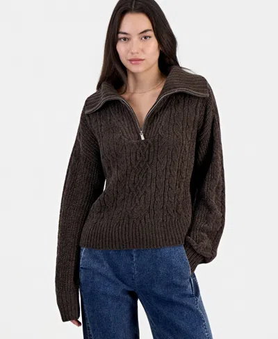Hippie Rose Juniors' Cable-knit Quarter-zip Long-sleeve Sweater In Brown