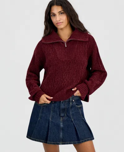 Hippie Rose Juniors' Cable-knit Quarter-zip Long-sleeve Sweater In Burgundy