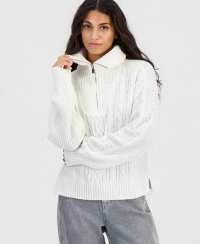 Hippie Rose Juniors' Cable-knit Quarter-zip Long-sleeve Sweater In Multi