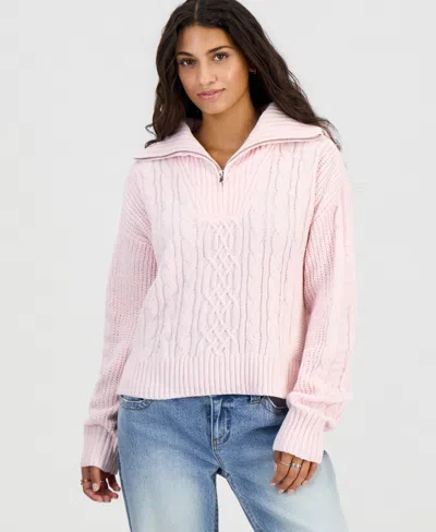 Hippie Rose Juniors' Cable-knit Quarter-zip Long-sleeve Sweater In Pink