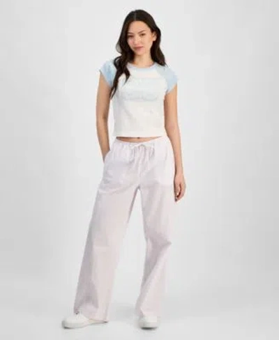 Hippie Rose Juniors Cap Sleeve Baseball T Shirt Seersucker Drawstring Pajama Pants In Pink Coast