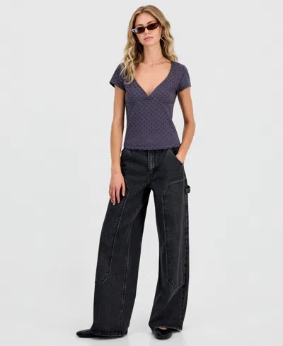 Hippie Rose Juniors' Cap-sleeve Surplice-neck Top In Blue