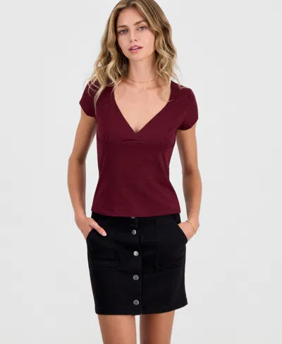 Hippie Rose Juniors' Cap-sleeve Surplice-neck Top In Wine Dot