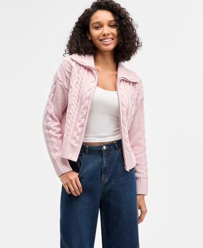 Hippie Rose Juniors' Chenille Cable-knit Collared Full-zip Cardigan In Pink
