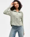 Hippie Rose Juniors' Chenille Cable-knit Half-zip Sweater In Green