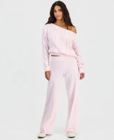 Hippie Rose Juniors Chenille Slouchy Cable Knit Off The Shoulder Sweater Pull On Wide Leg Pants In Pink