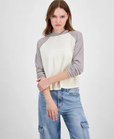 Hippie Rose Juniors' Colorblock Waffle-knit Hoodie In Grey White Combo
