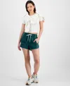 Hippie Rose Juniors' Contrast-piped Pull-on Sweatshorts In Green W,white