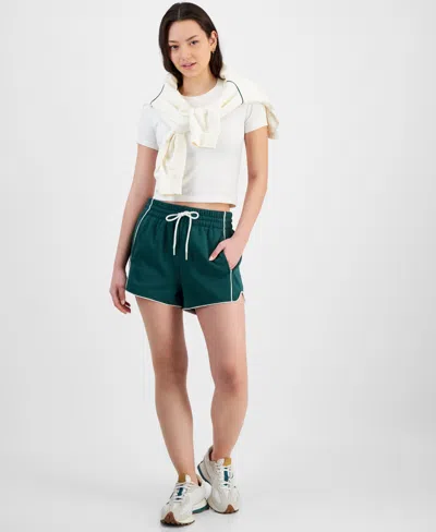 Hippie Rose Juniors' Contrast-piped Pull-on Sweatshorts In Green W,white