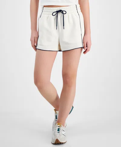 Hippie Rose Juniors' Contrast-piped Pull-on Sweatshorts In White W,navy