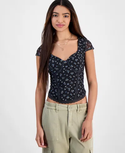 Hippie Rose Juniors' Corset Short-sleeve Mesh Top In Black Ditsy
