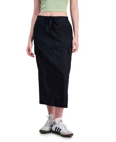 Hippie Rose Juniors' Cotton Drawstring-waist Cargo Maxi Skirt In Black