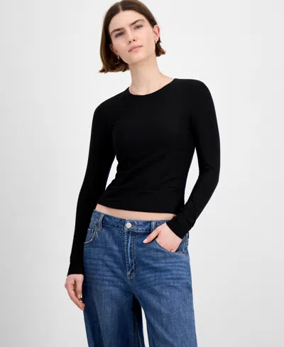 Hippie Rose Juniors' Crewneck Long-sleeve Top In Black
