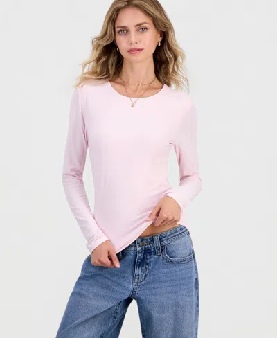 Hippie Rose Juniors' Crewneck Long-sleeve T-shirt In Pink