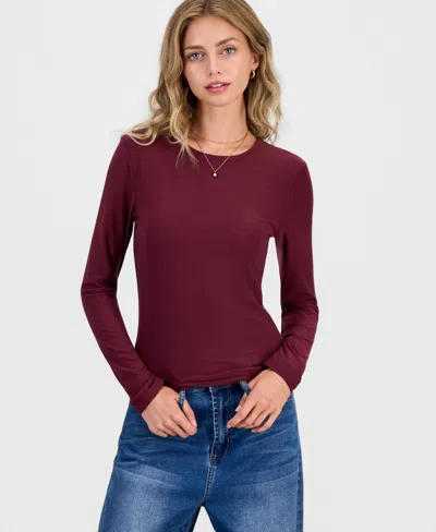 Hippie Rose Juniors' Crewneck Long-sleeve T-shirt In Burgundy