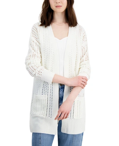 Hippie Rose Juniors' Crochet-knit Open Long Cardigan In Ivory