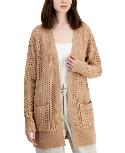 Hippie Rose Juniors' Crochet-knit Open Long Cardigan In Summer Tan