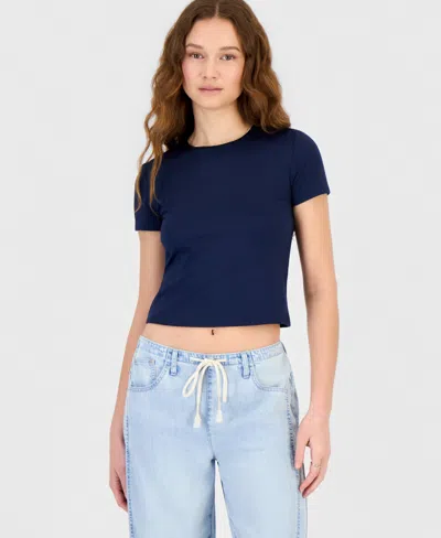 Hippie Rose Juniors' Cropped Crewneck T-shirt In Blue