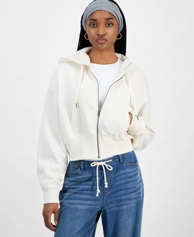 Hippie Rose Juniors' Drop-shoulder Full-zip Cropped Hoodie