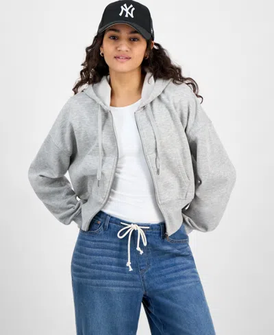 Hippie Rose Juniors' Drop-shoulder Full-zip Cropped Hoodie