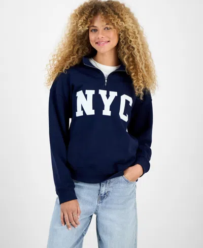 Hippie Rose Juniors' Drop Shoulder Quarter-zip Sweatshirt In Blue