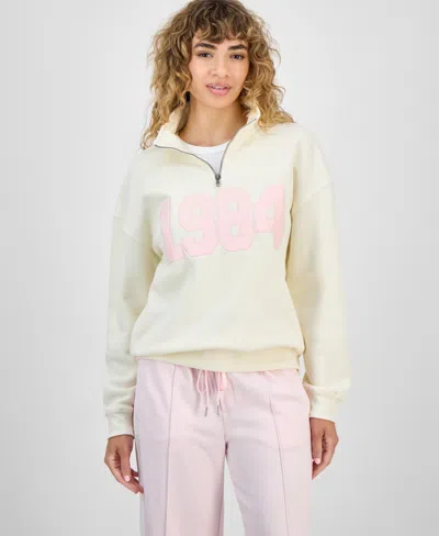 Hippie Rose Juniors' Drop Shoulder Quarter-zip Sweatshirt In Neutral