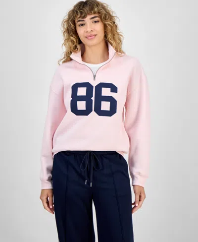 Hippie Rose Juniors' Drop Shoulder Quarter-zip Sweatshirt In Pink