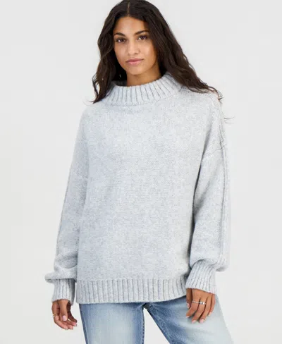 Hippie Rose Juniors' Drop-shoulder Oversized Mock Neck Sweater In Gray