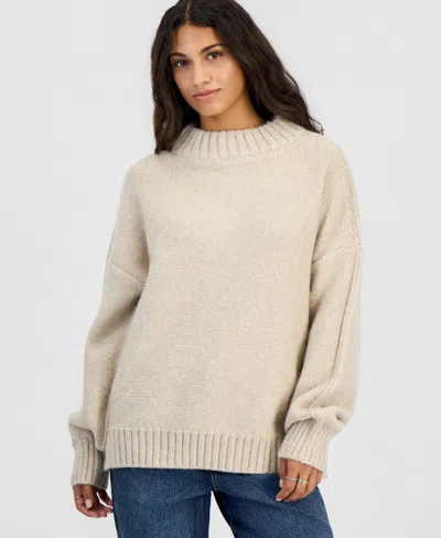 Hippie Rose Juniors' Drop-shoulder Oversized Mock Neck Sweater In Neutral