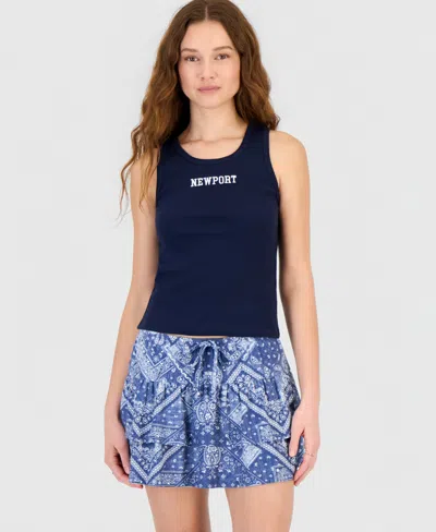 Hippie Rose Juniors' Embroidered Ribbed Sleeveless Top In Blue