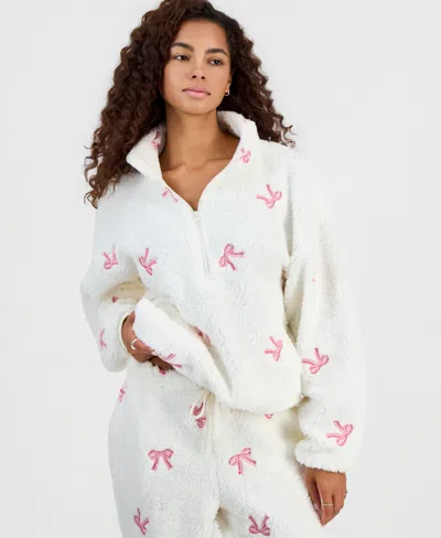 Hippie Rose Juniors' Embroidered Sherpa Quarter-zip Fleece Jacket In White