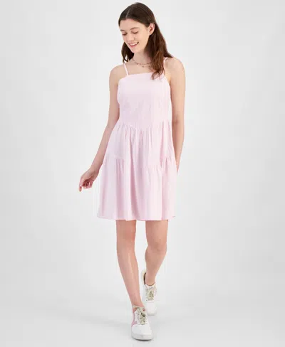 Hippie Rose Juniors' Embroidered Tiered Mini Dress In Cloud Pink