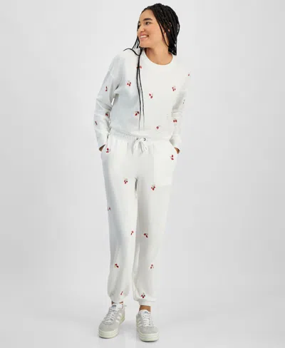 Hippie Rose Juniors Embroidered Fleece Crewneck Sweatshirt Embroidered Sweatpants In Cream Strawberries