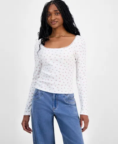 Hippie Rose Juniors' Floral-print Lace-trim Top