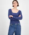 Hippie Rose Juniors' Floral-print Lace-trim Top In Blue