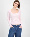 Hippie Rose Juniors' Floral-print Lace-trim Top In Pink