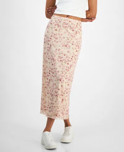 Hippie Rose Juniors' Floral-print Lace-trimmed Midi Skirt In Sand Floral