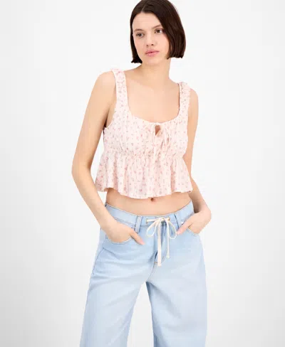 Hippie Rose Pink Rose Juniors' Floral Printed Sleeveless Peplum Top