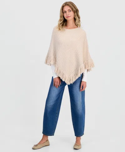 Hippie Rose Juniors' Fringed Poncho Sweater In Oatmeal