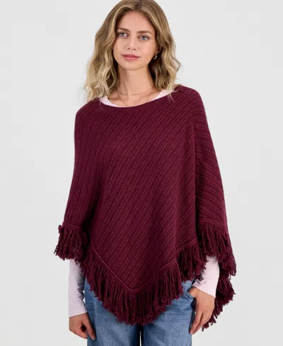 Hippie Rose Juniors' Fringed Poncho Sweater In Windsor Wine