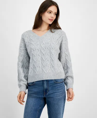 Hippie Rose Juniors' Heart Cable-knit V-neck Sweater In Light Grey
