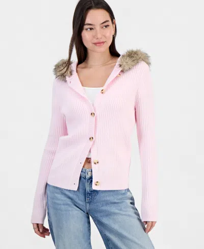 Hippie Rose Juniors' Hooded Faux Fur Ribbed Cardigan In Pink