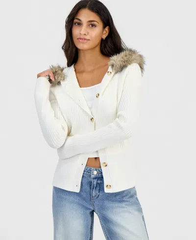 Hippie Rose Juniors' Hooded Faux Fur Ribbed Cardigan In Neutral